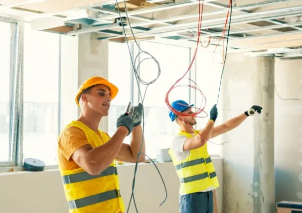 Cobertura en Málaga capital y su área metropolitana Dos electricistas con casco y chaleco tendiendo cableado en un local en obra en Málaga