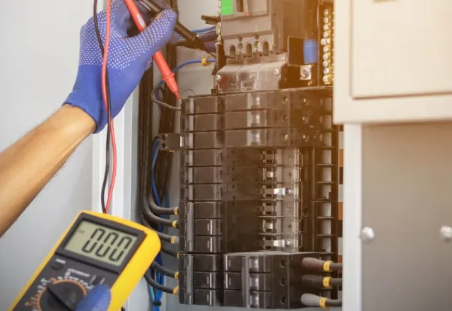 Toma de tierra: cómo saber si tu casa la tiene Electricista midiendo tensión con multímetro en un cuadro de magnetotérmicos